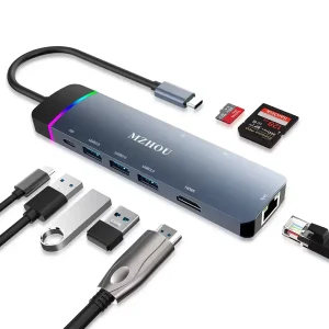 Type A USB 8 Hub Adapter for HDMI 4K SD TF Type C Female PD 3.0 RJ45 Compatible