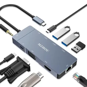 Hub USB C, Type 1 C Adapter 9 to VGA HDMI RJ45 Gigabit USB3.0 2.0 PD C Port Data 3.5 Audio