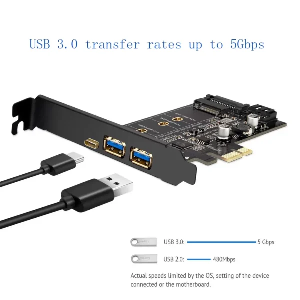 PCI-E to USB 3.0 PCI Express Card incl.1 USB C and 2 USB A Ports,Adding M.2 NVME SATA III SSD