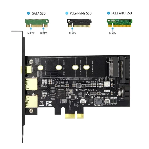 PCI-E to USB 3.0 PCI Express Card incl.1 USB C and 2 USB A Ports,Adding M.2 NVME SATA III SSD