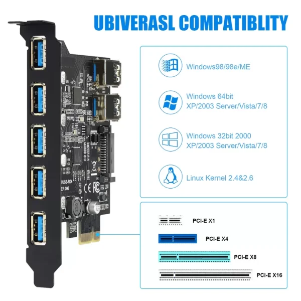 7 Ports PCI-E to USB 3.0 Expasion Card with 19-Pin SATA Power Connector Superspeed up to 5Gbps