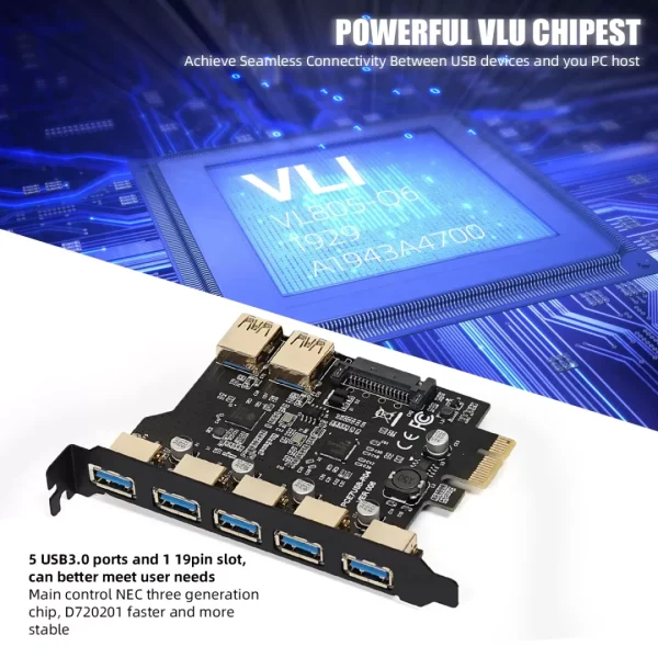 7 Ports PCI-E to USB 3.0 Expasion Card with 19-Pin SATA Power Connector Superspeed up to 5Gbps