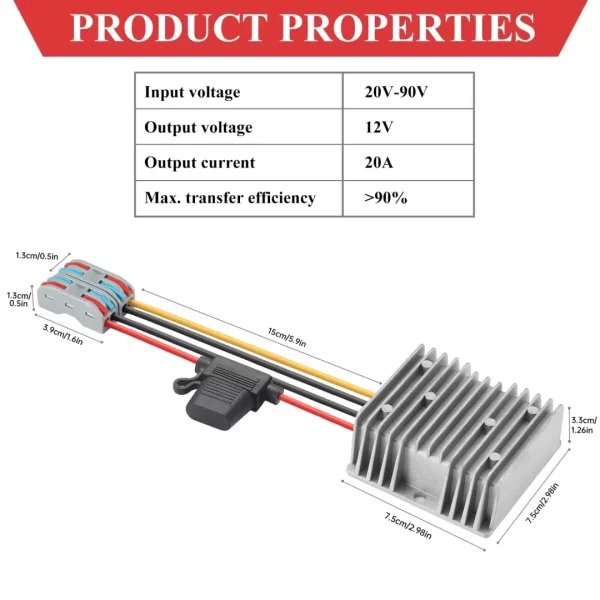 DC 20-90V to 12V Step Down Converter,24V 48V 60V 72V 84V 90V Buck to 12V Converter 20A MAX