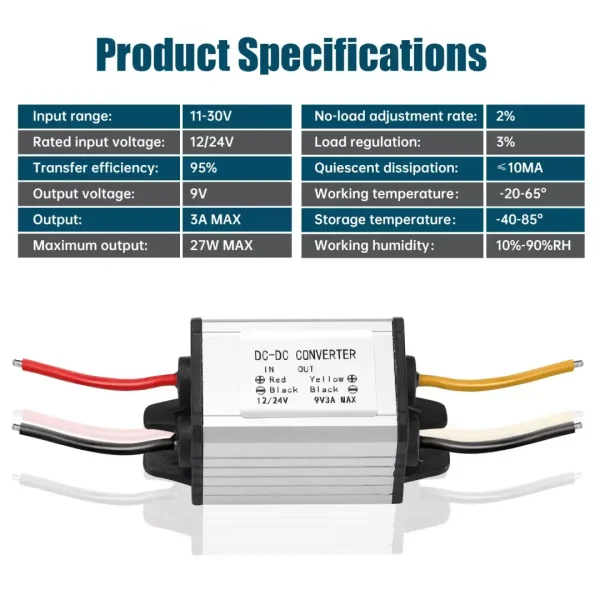 Voltage Converter DC 12V/24V to DC 9V 3A Power Converter DC 11-30V to 9V 3A 27W MAX Buck Converter